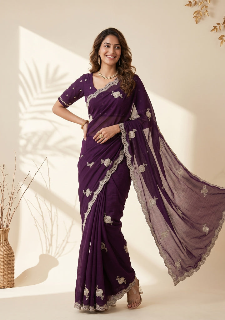 Purple Soft Raw Silk Gold Zariwork Saree With Matching Blouse Piece