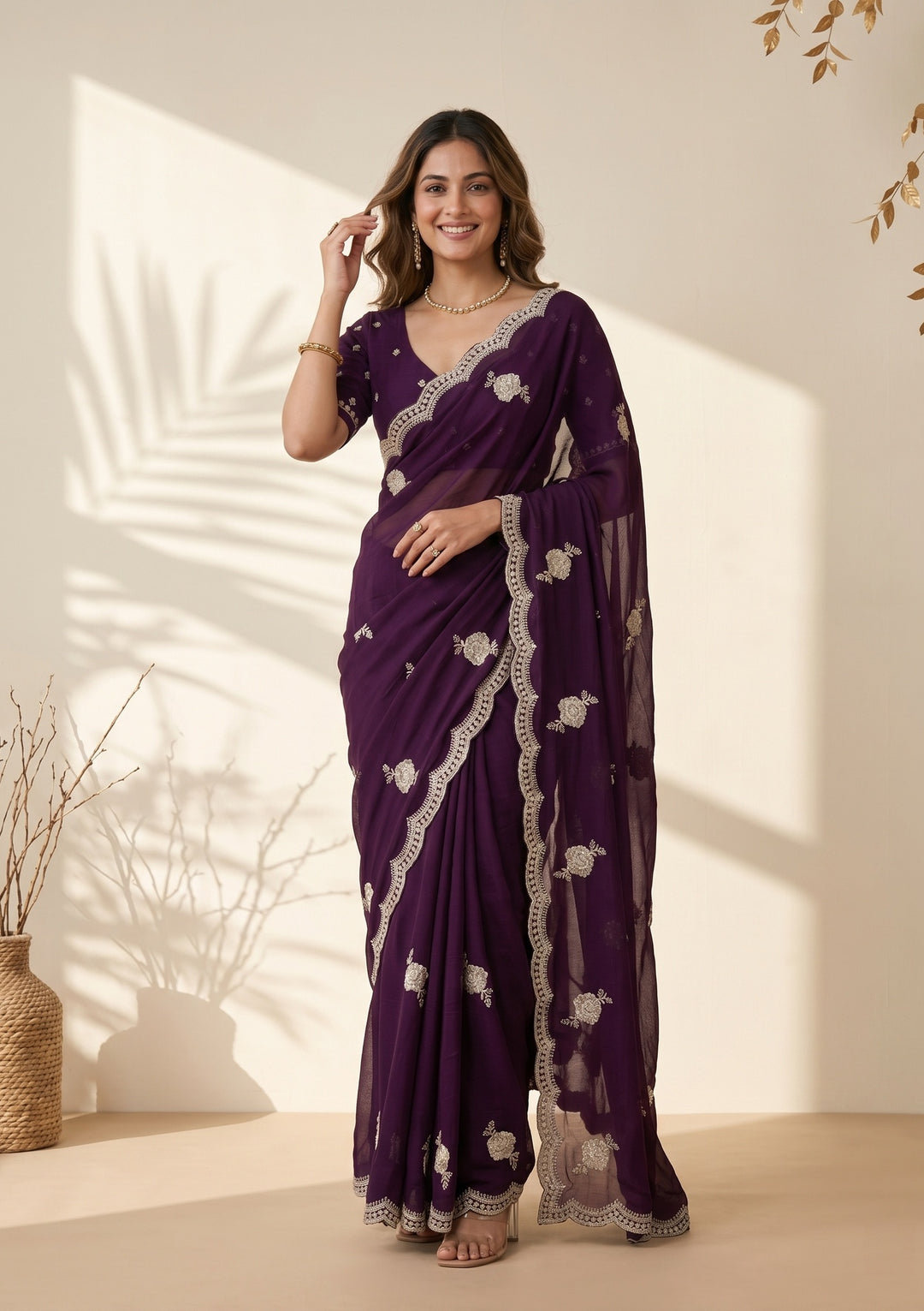 Purple Soft Raw Silk Gold Zariwork Saree With Matching Blouse Piece