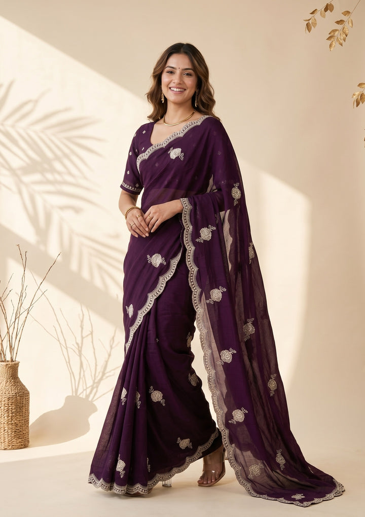 Purple Soft Raw Silk Gold Zariwork Saree With Matching Blouse Piece