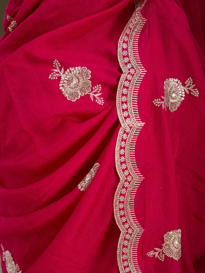 Rani Pink Soft Raw Silk Gold Zariwork Saree With Matching Blouse Piece