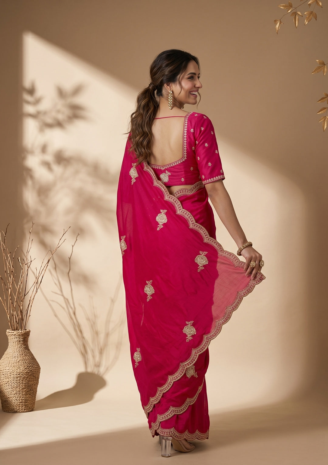 Rani Pink Soft Raw Silk Gold Zariwork Saree With Matching Blouse Piece