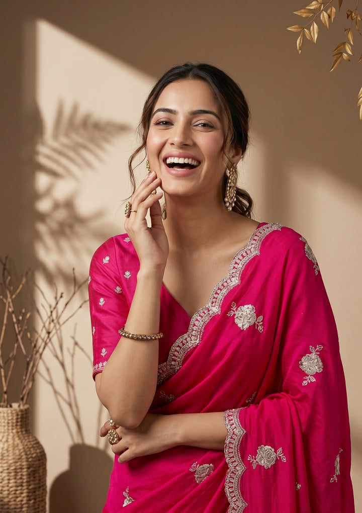Rani Pink Soft Raw Silk Gold Zariwork Saree With Matching Blouse Piece