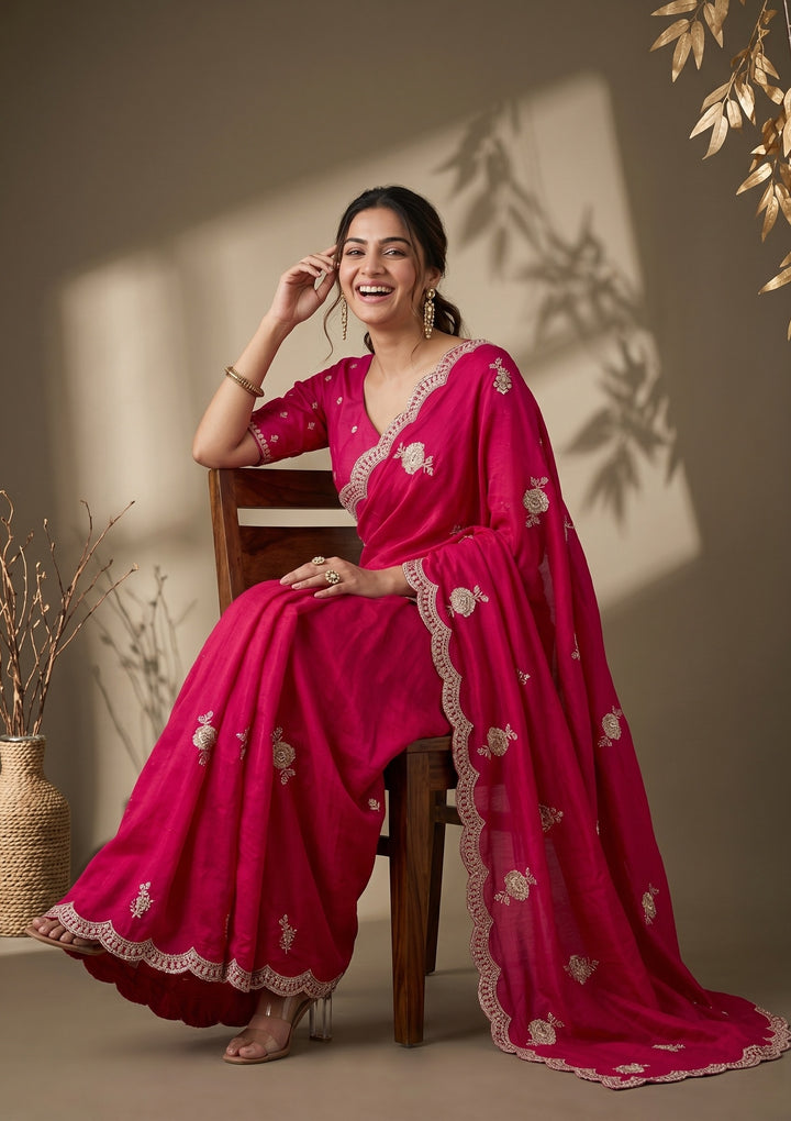 Rani Pink Soft Raw Silk Gold Zariwork Saree With Matching Blouse Piece