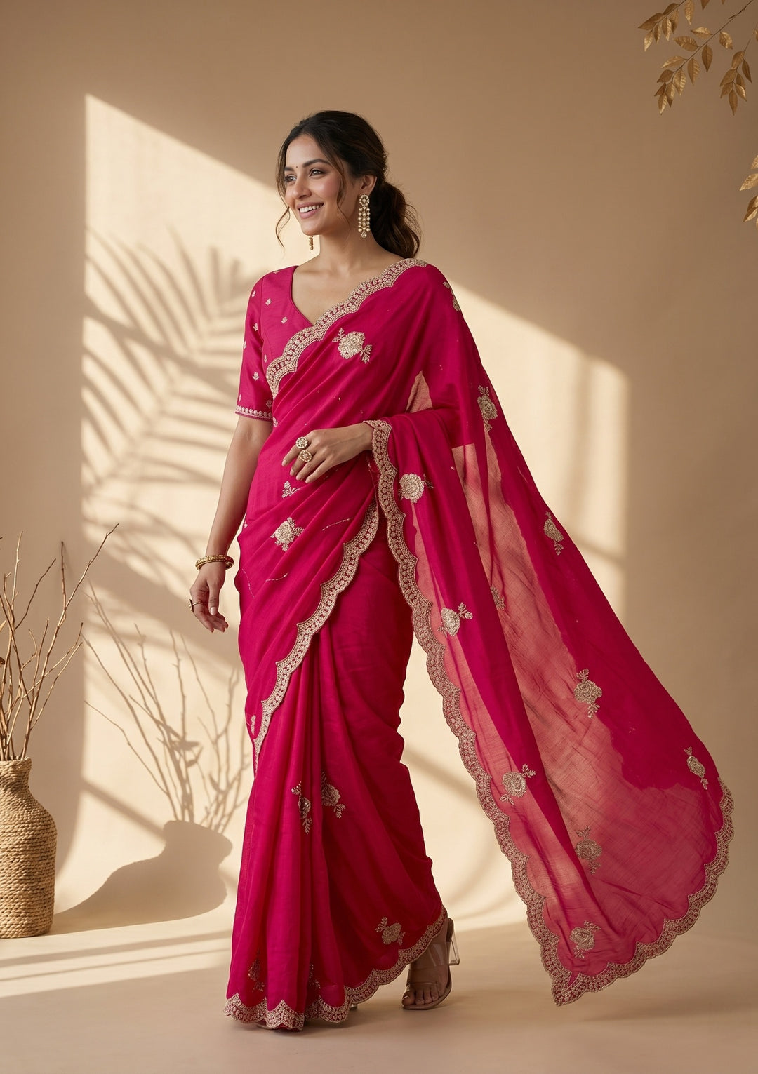Rani Pink Soft Raw Silk Gold Zariwork Saree With Matching Blouse Piece