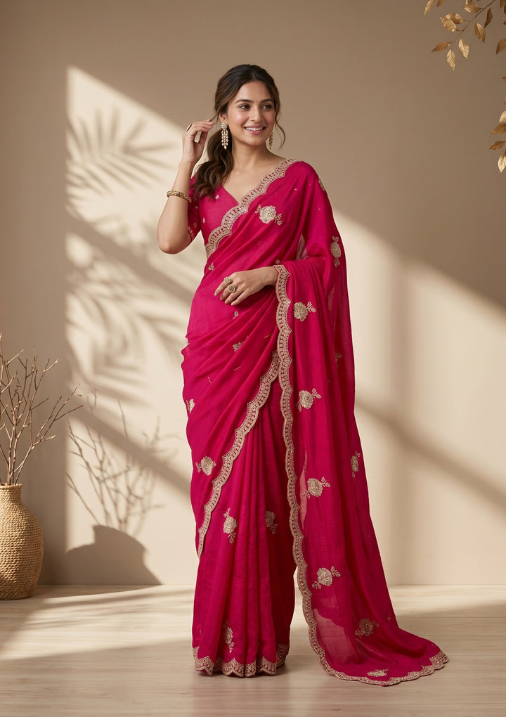 Rani Pink Soft Raw Silk Gold Zariwork Saree With Matching Blouse Piece
