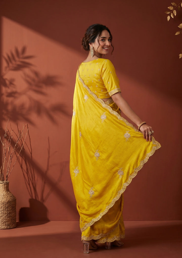 Yellow Soft Raw Silk Gold Zariwork Saree With Matching Blouse Piece