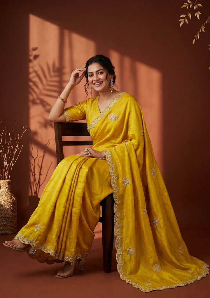 Yellow Soft Raw Silk Gold Zariwork Saree With Matching Blouse Piece