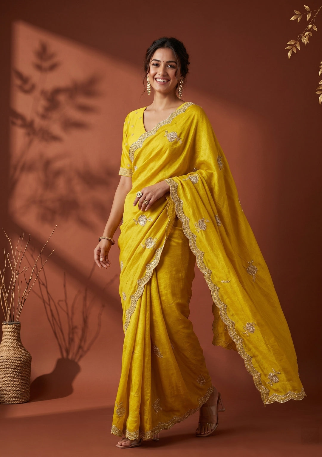 Yellow Soft Raw Silk Gold Zariwork Saree With Matching Blouse Piece