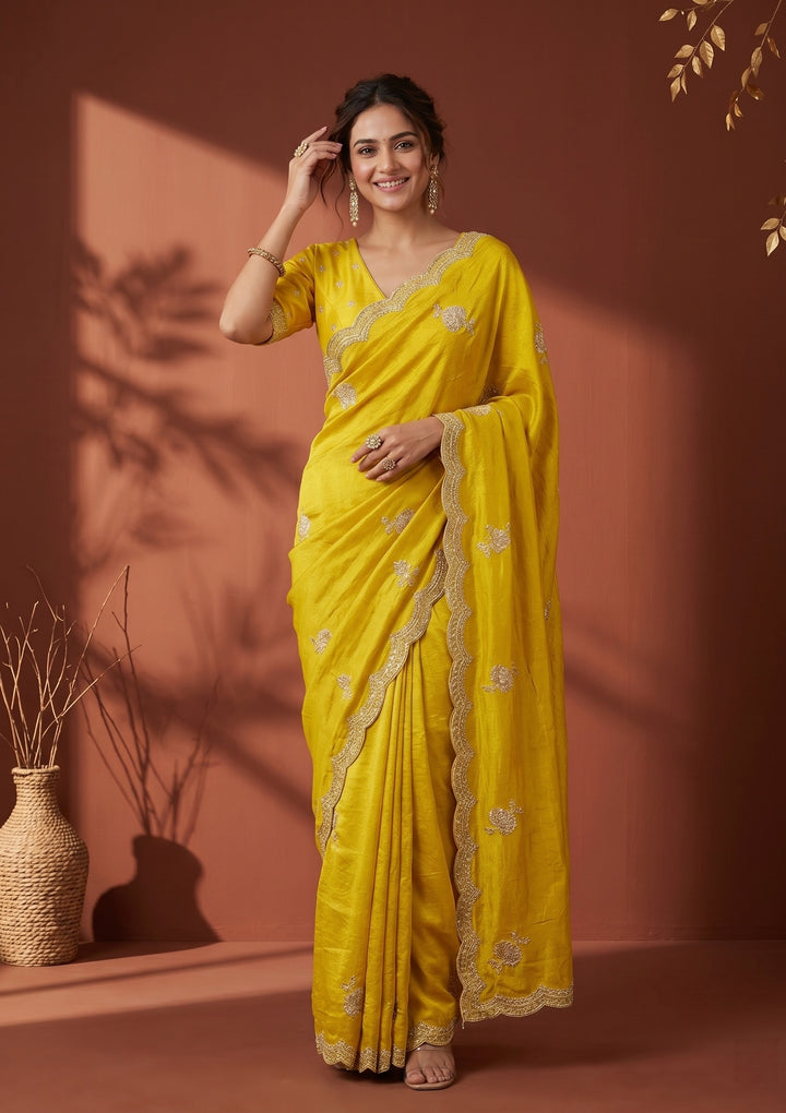 Yellow Soft Raw Silk Gold Zariwork Saree With Matching Blouse Piece