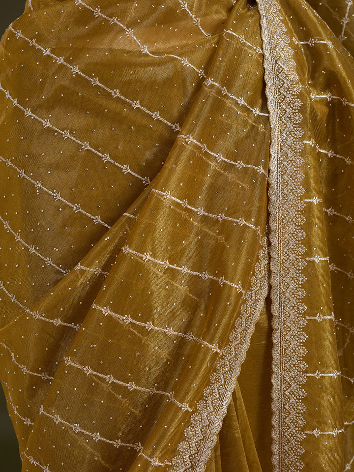 Mustard Tissue Gold Zariwork Saree With Matching Blouse Piece
