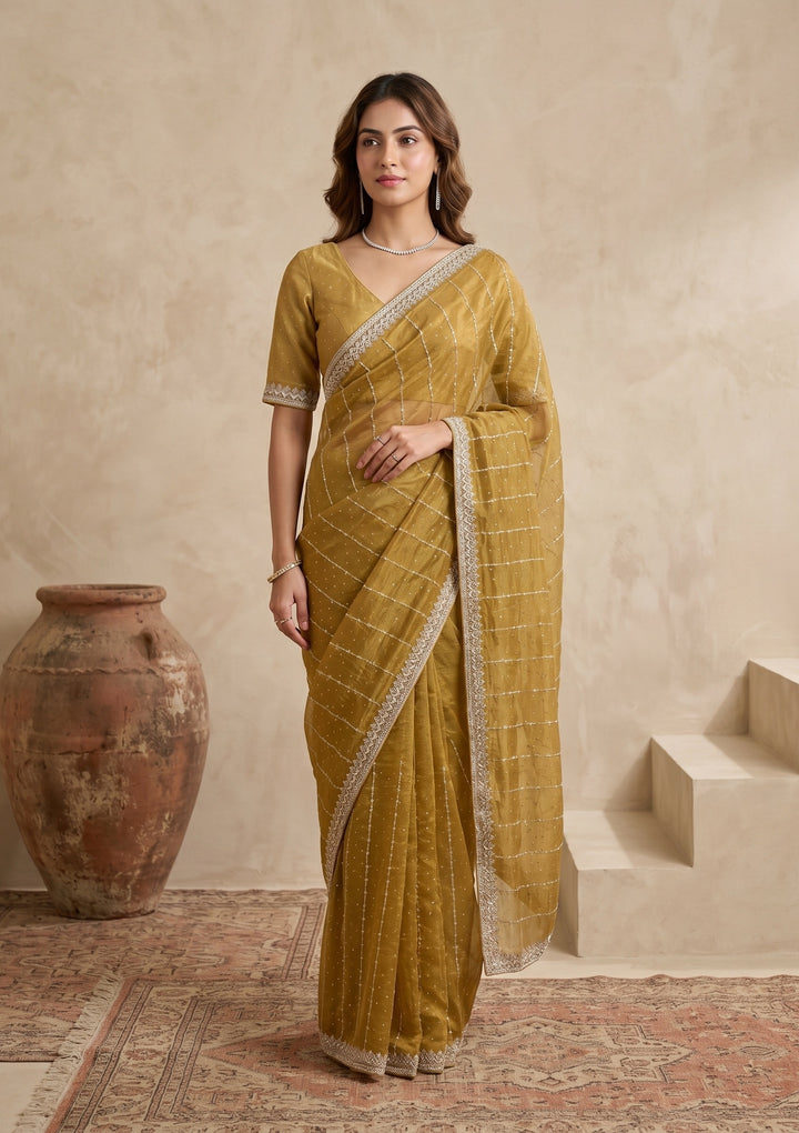 Mustard Tissue Gold Zariwork Saree With Matching Blouse Piece