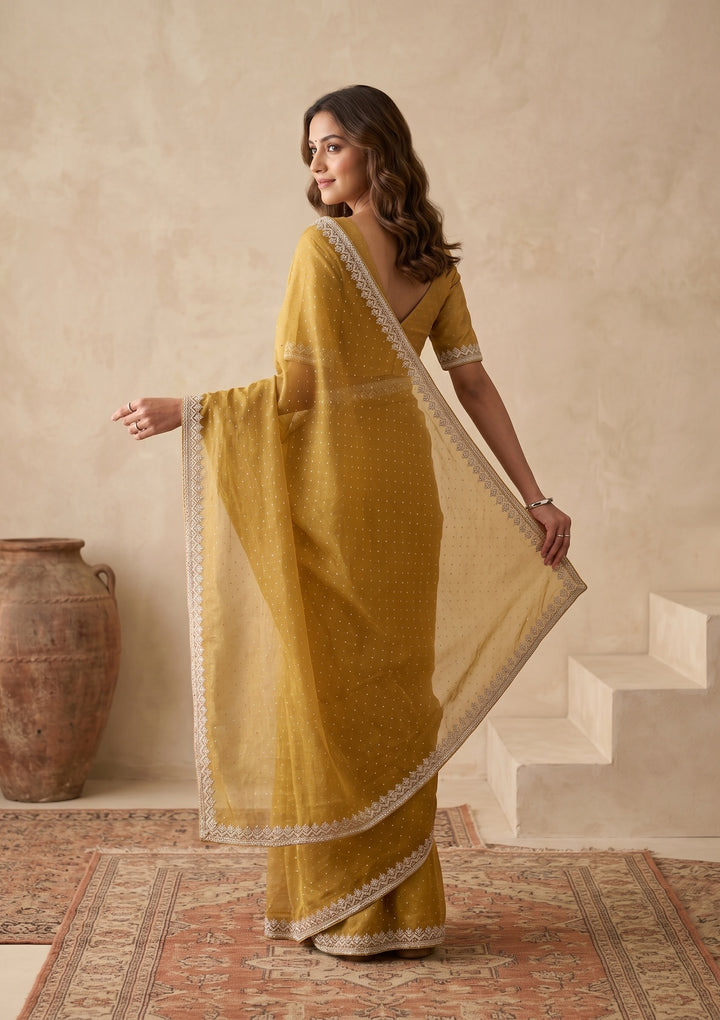 Mustard Tissue Gold Zariwork Saree With Matching Blouse Piece