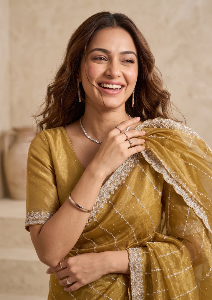 Mustard Tissue Gold Zariwork Saree With Matching Blouse Piece
