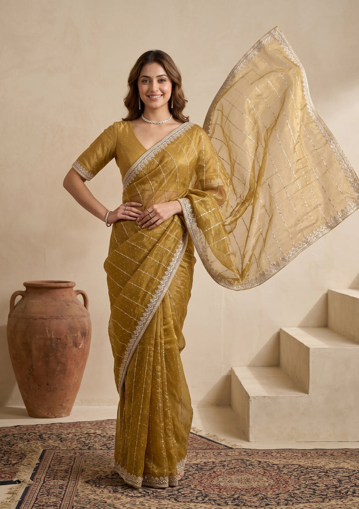Mustard Tissue Gold Zariwork Saree With Matching Blouse Piece