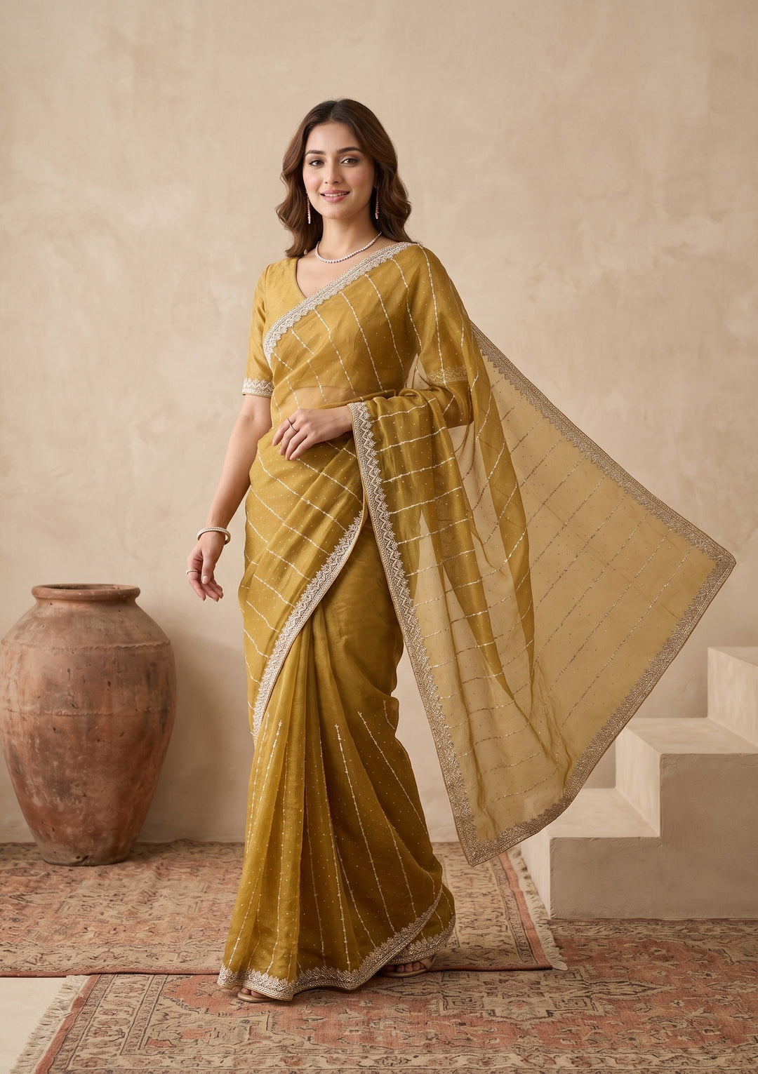 Mustard Tissue Gold Zariwork Saree With Matching Blouse Piece