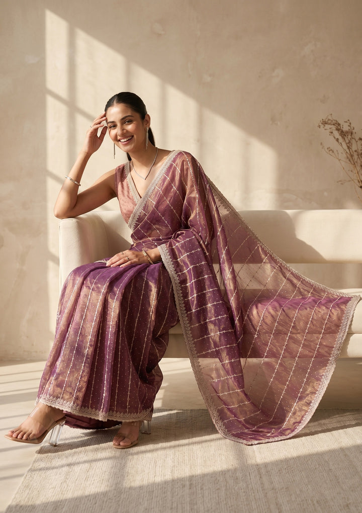 Wine Tissue Gold Zariwork Saree With Matching Blouse Piece