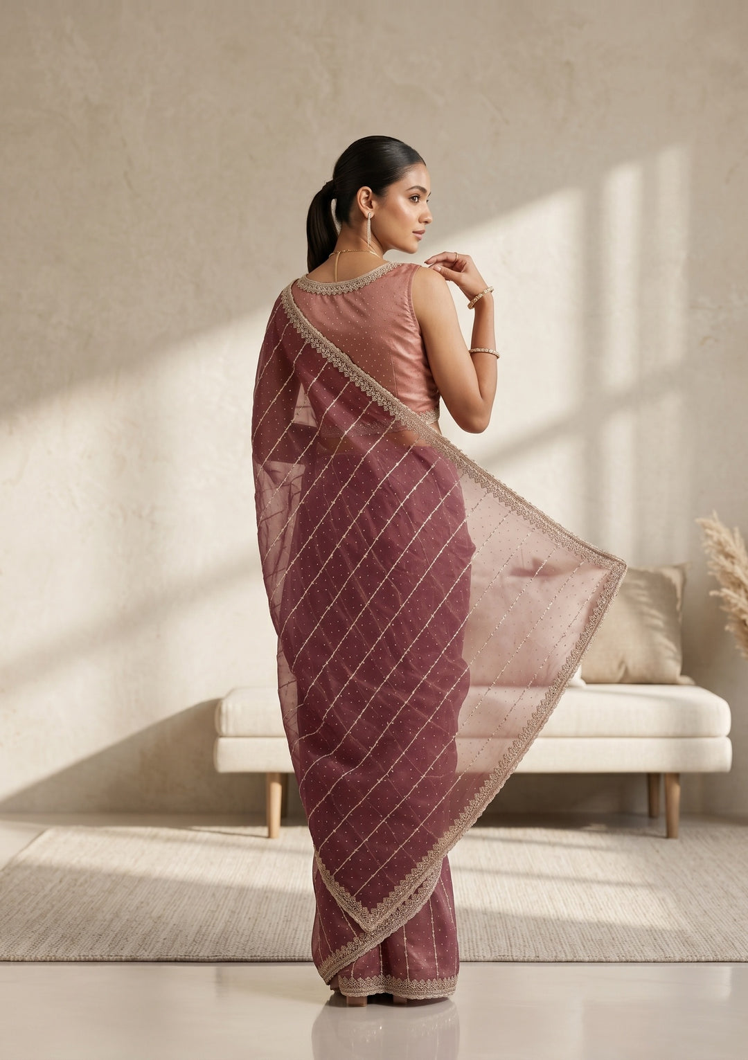 Wine Tissue Gold Zariwork Saree With Matching Blouse Piece