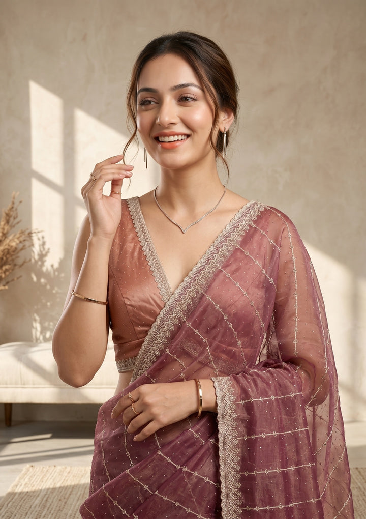 Wine Tissue Gold Zariwork Saree With Matching Blouse Piece