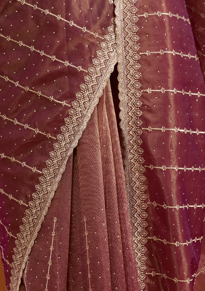 Wine Tissue Gold Zariwork Saree With Matching Blouse Piece
