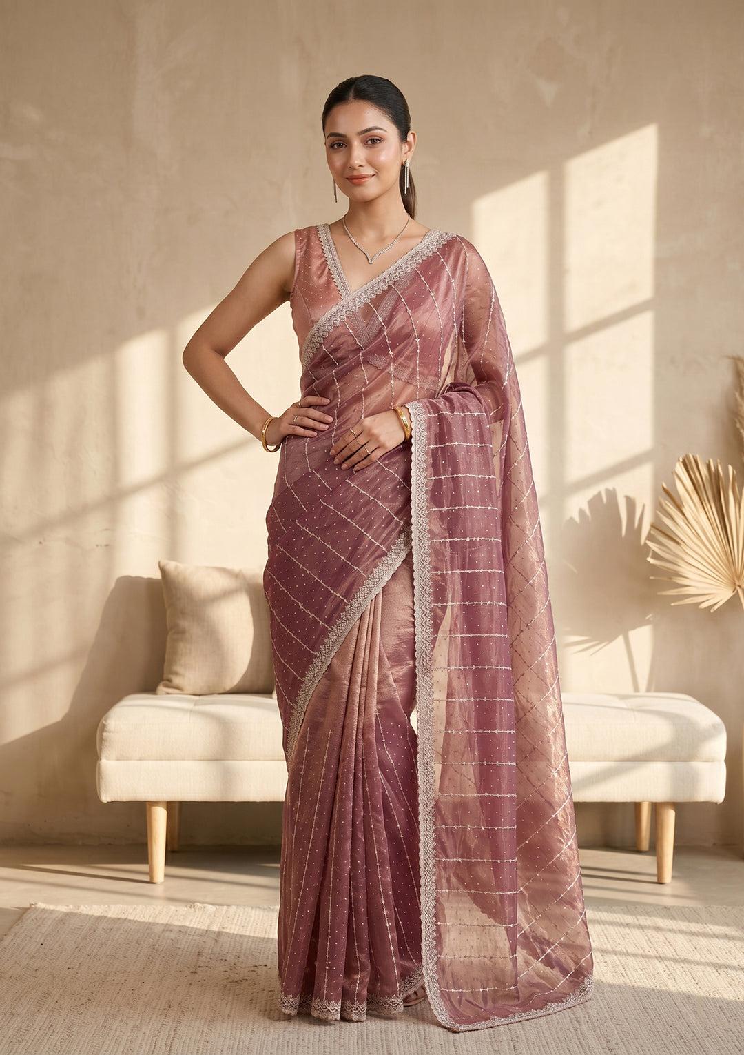 Wine Tissue Gold Zariwork Saree With Matching Blouse Piece