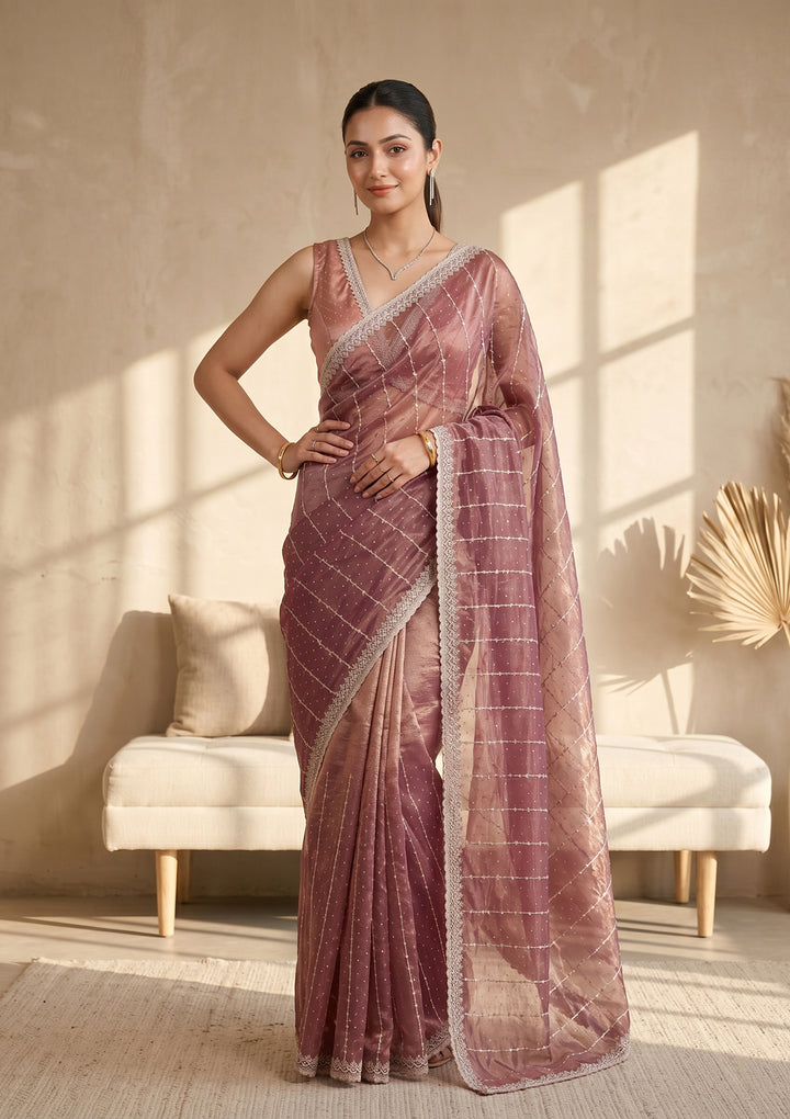 Wine Tissue Gold Zariwork Saree With Matching Blouse Piece