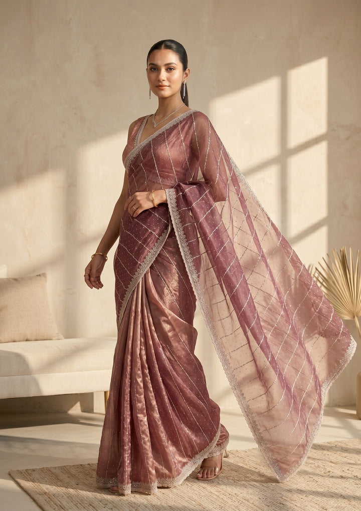 Wine Tissue Gold Zariwork Saree With Matching Blouse Piece