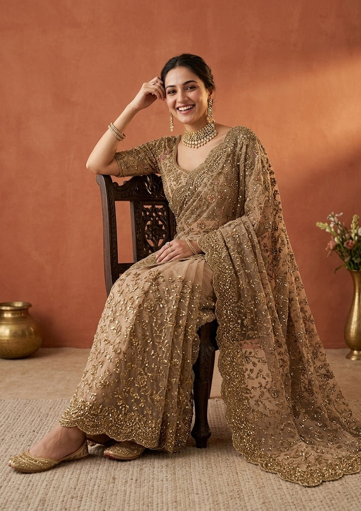 Beige Net Cording Saree With Matching Blouse Piece