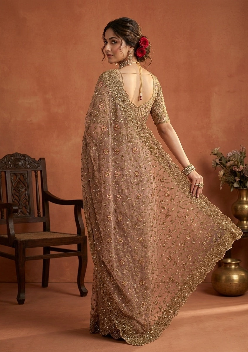 Beige Net Cording Saree With Matching Blouse Piece