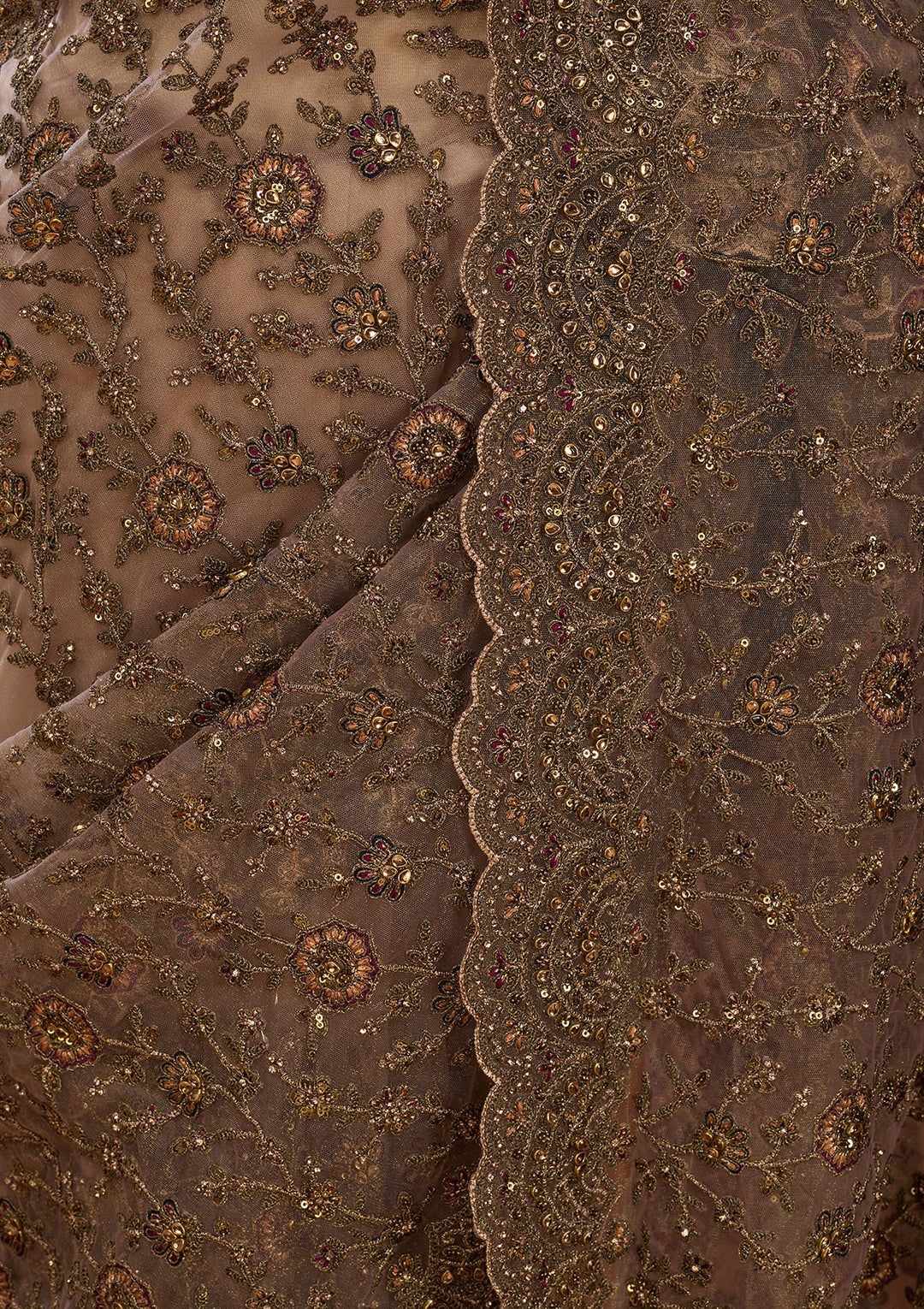 Beige Net Cording Saree With Matching Blouse Piece