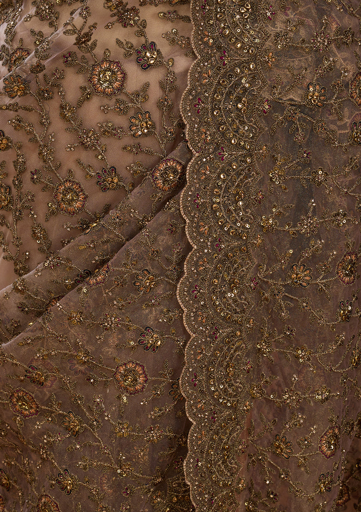 Beige Net Cording Saree With Matching Blouse Piece