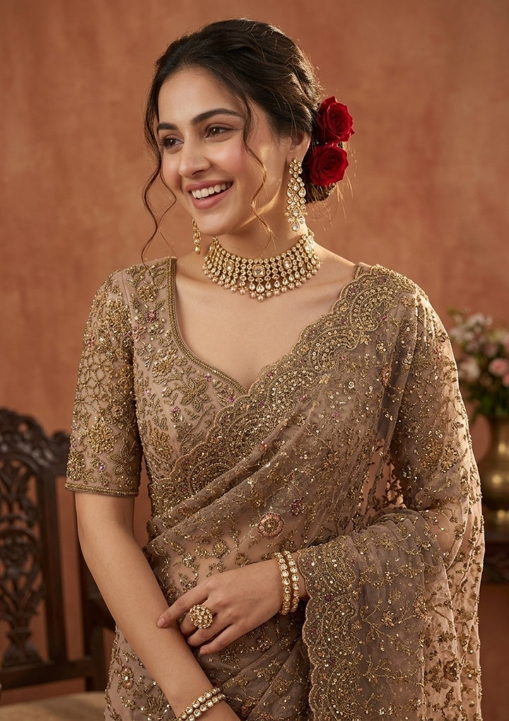 Beige Net Cording Saree With Matching Blouse Piece