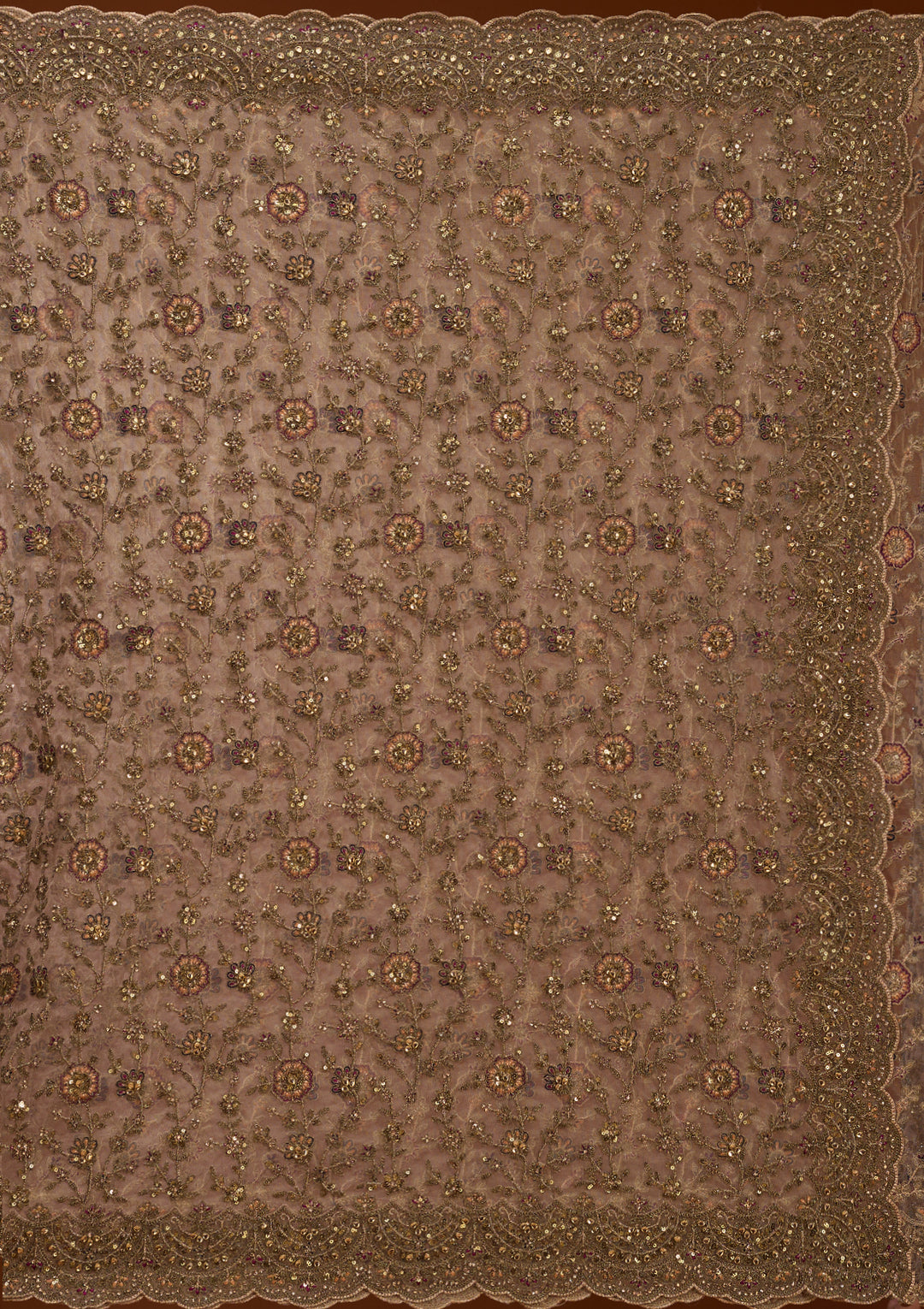 Beige Net Cording Saree With Matching Blouse Piece