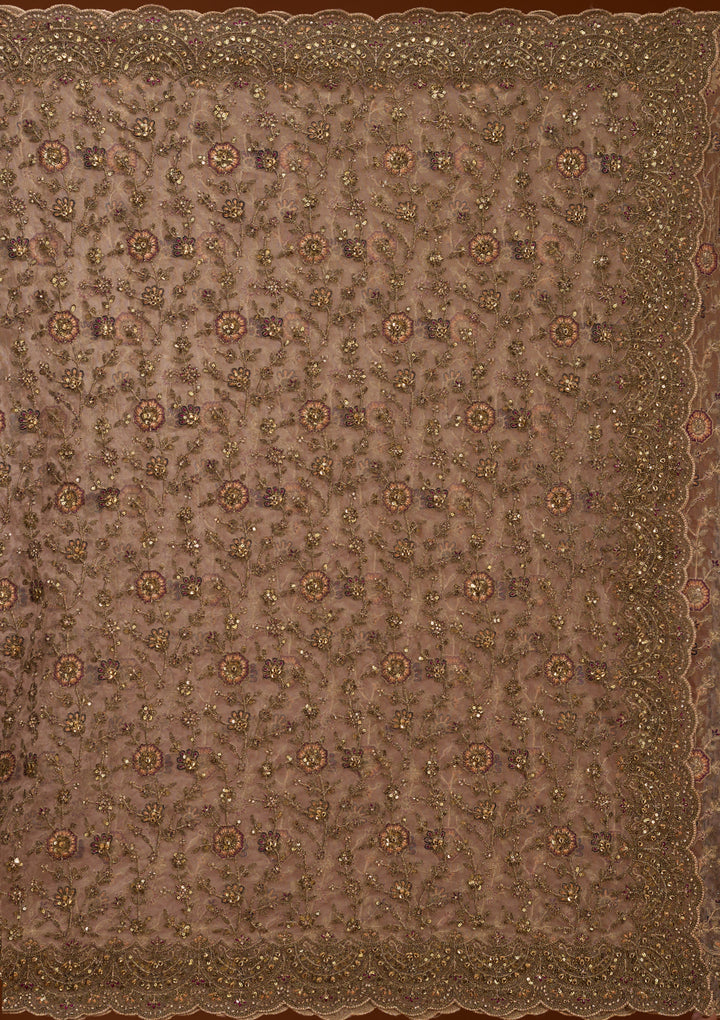 Beige Net Cording Saree With Matching Blouse Piece