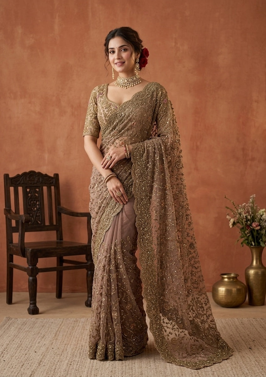 Beige Net Cording Saree With Matching Blouse Piece