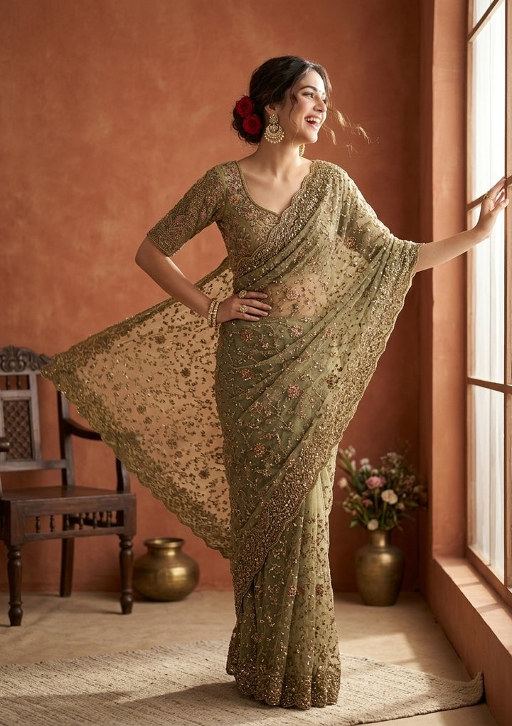 Mehendi Net Cording Saree With Matching Blouse Piece