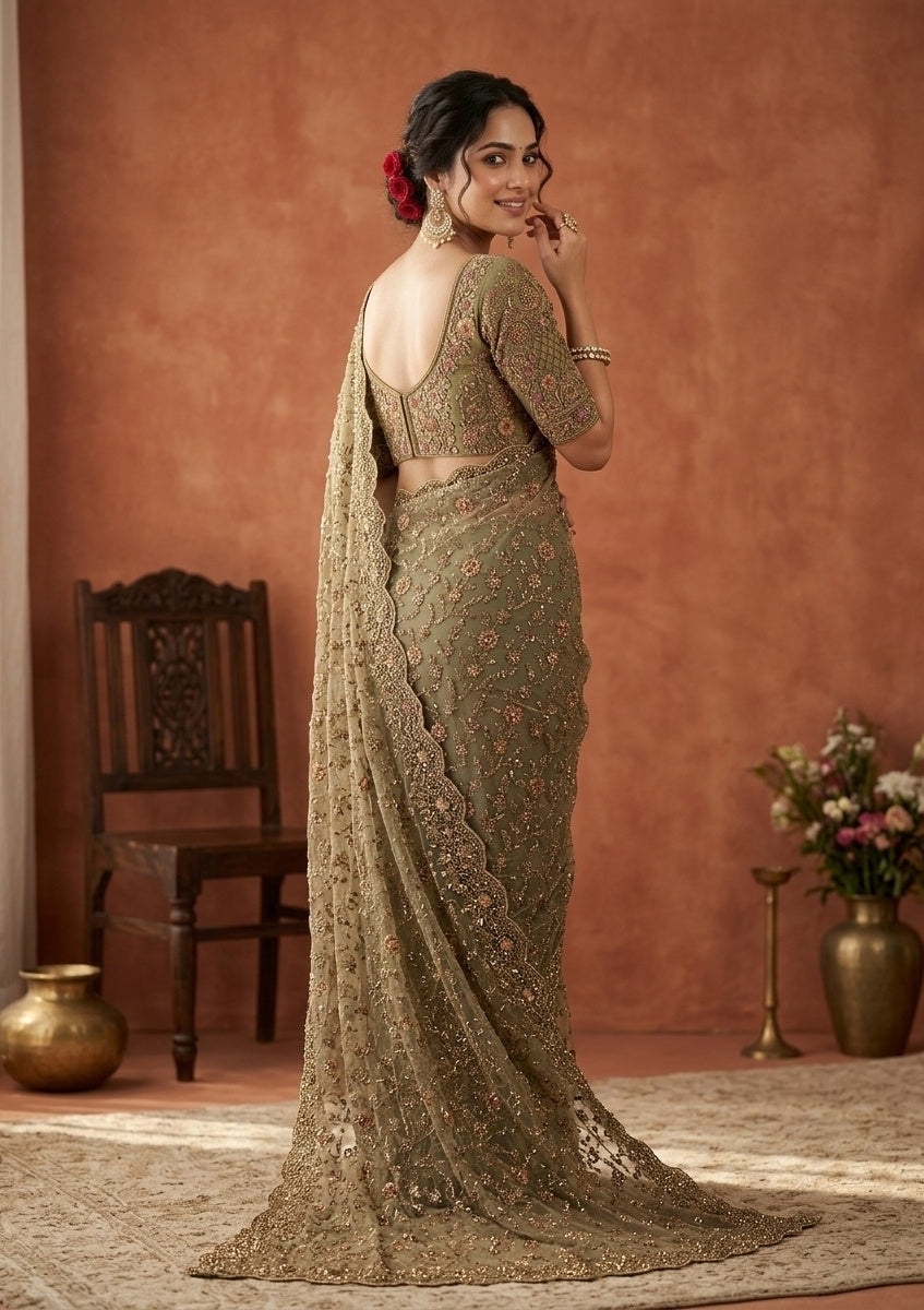 Mehendi Net Cording Saree With Matching Blouse Piece