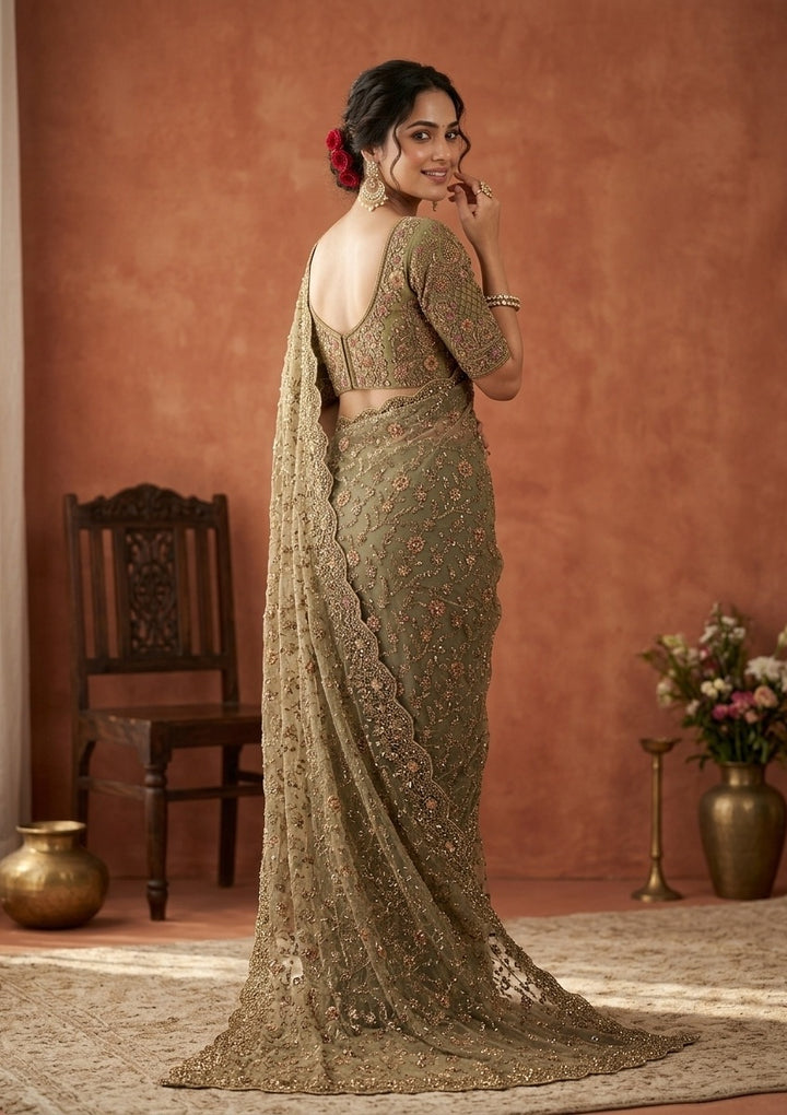 Mehendi Net Cording Saree With Matching Blouse Piece