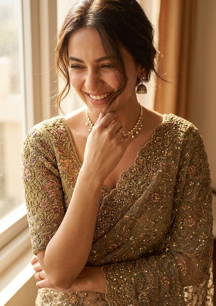 Mehendi Net Cording Saree With Matching Blouse Piece