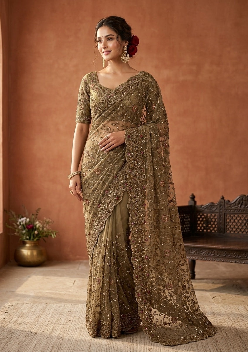 Mehendi Net Cording Saree With Matching Blouse Piece