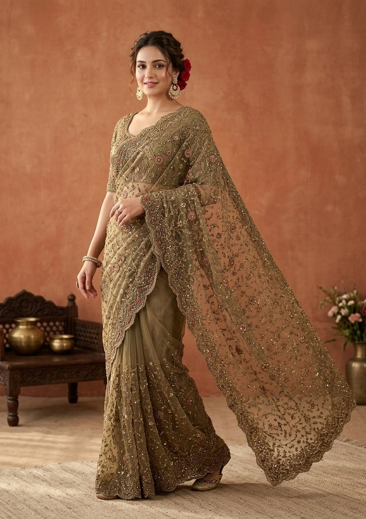 Mehendi Net Cording Saree With Matching Blouse Piece