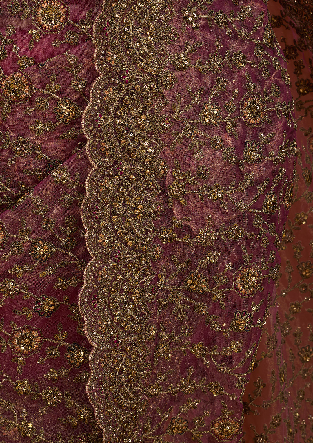 Onion Pink Net Cording Saree With Matching Blouse Piece