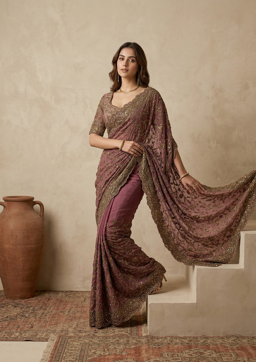 Onion Pink Net Cording Saree With Matching Blouse Piece