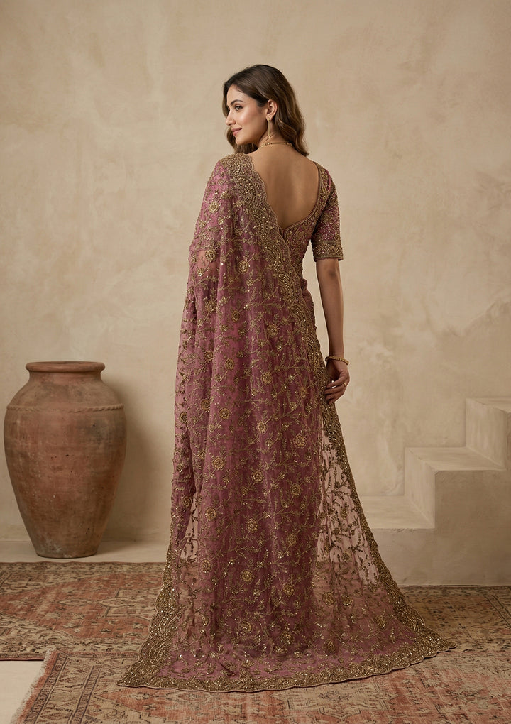Onion Pink Net Cording Saree With Matching Blouse Piece