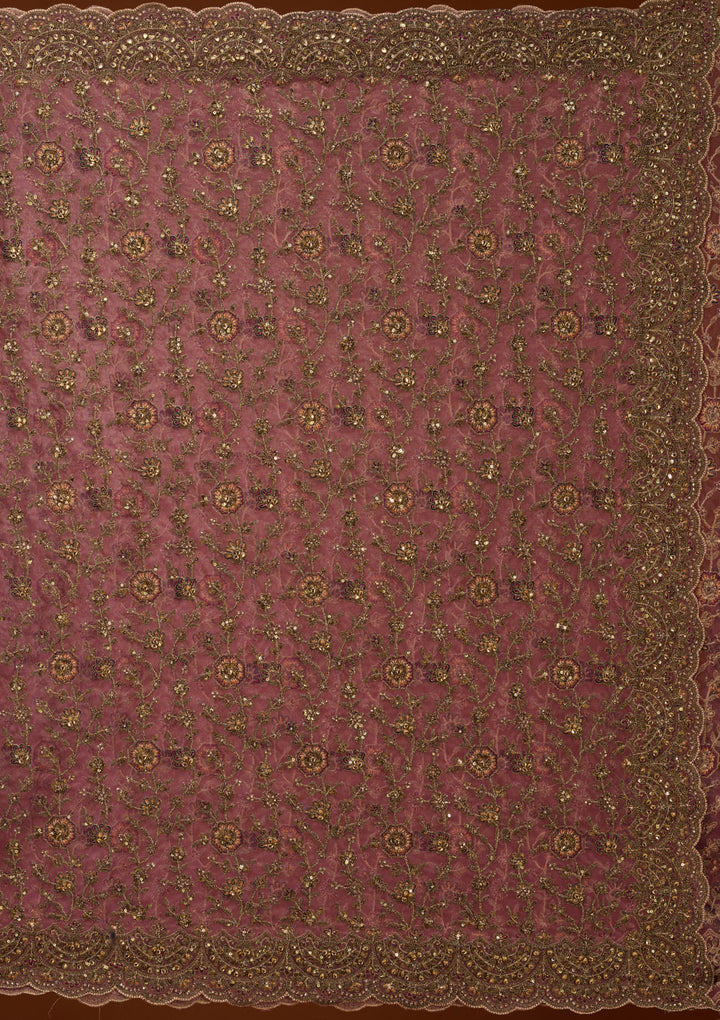 Onion Pink Net Cording Saree With Matching Blouse Piece