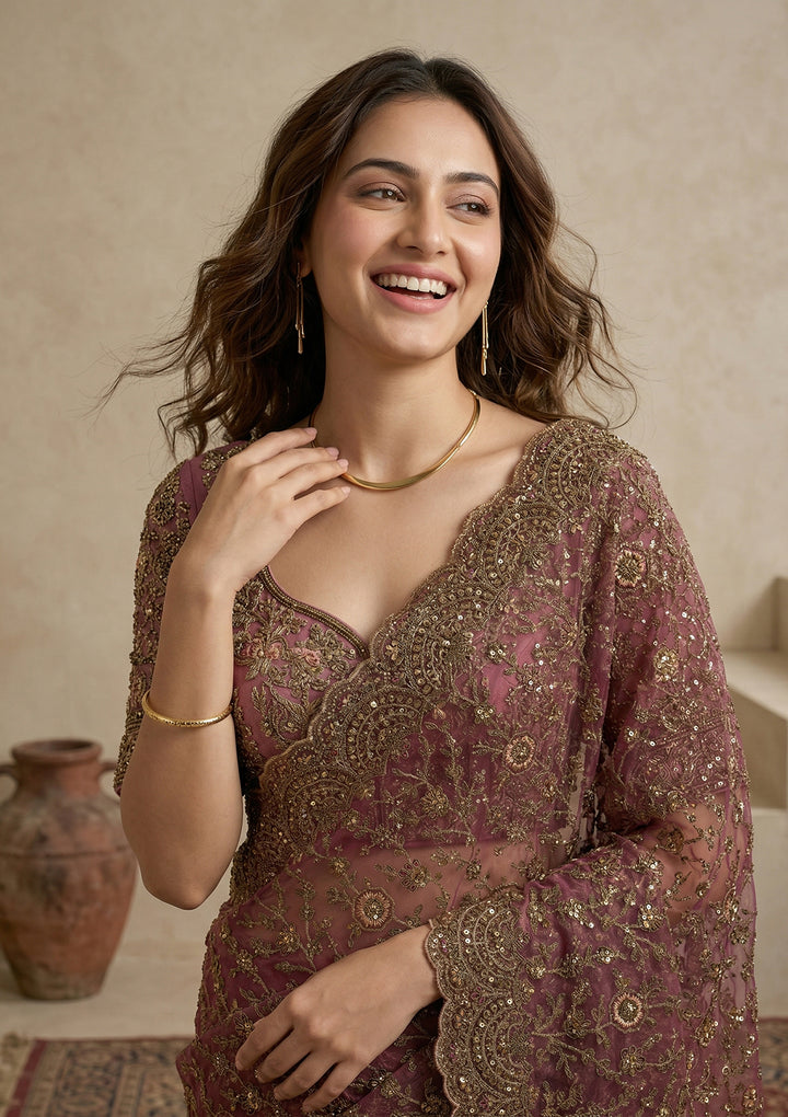 Onion Pink Net Cording Saree With Matching Blouse Piece