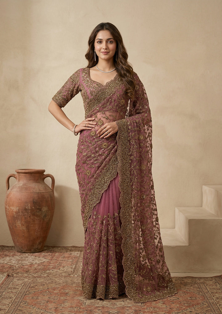 Onion Pink Net Cording Saree With Matching Blouse Piece