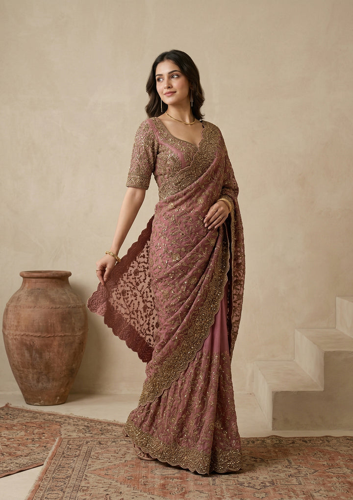 Onion Pink Net Cording Saree With Matching Blouse Piece