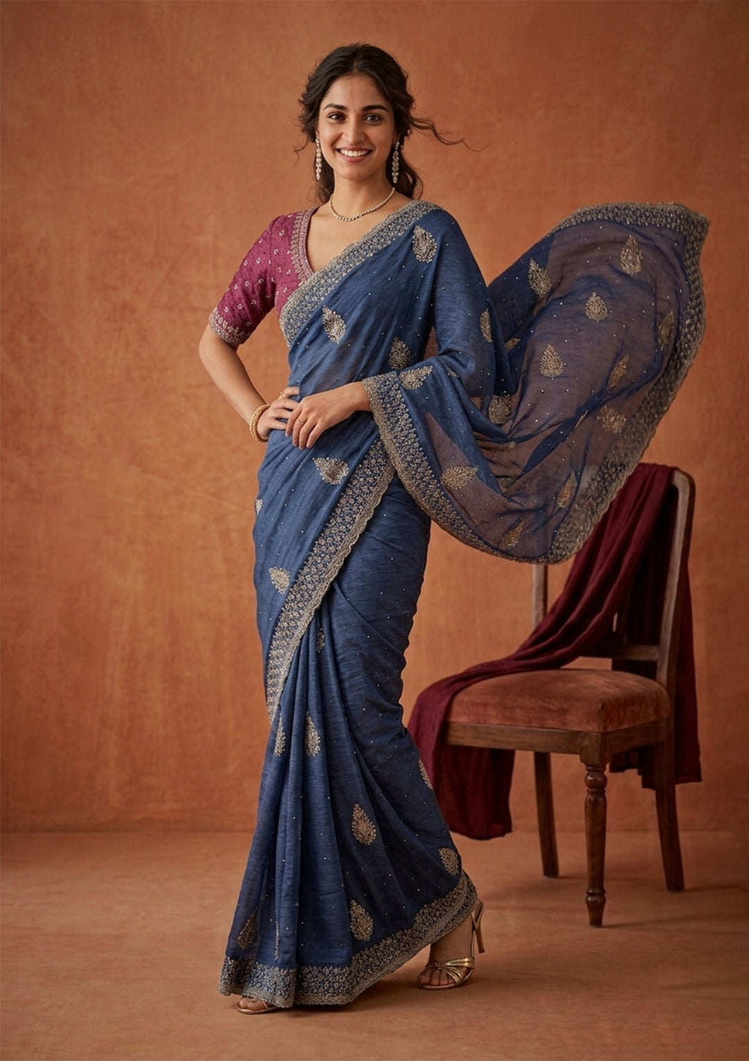 Blue Soft Raw Silk Floral Gold Zariwork Saree With Matching Blouse Piece