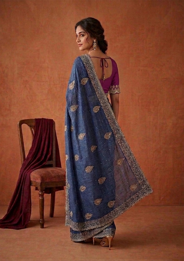 Blue Soft Raw Silk Floral Gold Zariwork Saree With Matching Blouse Piece