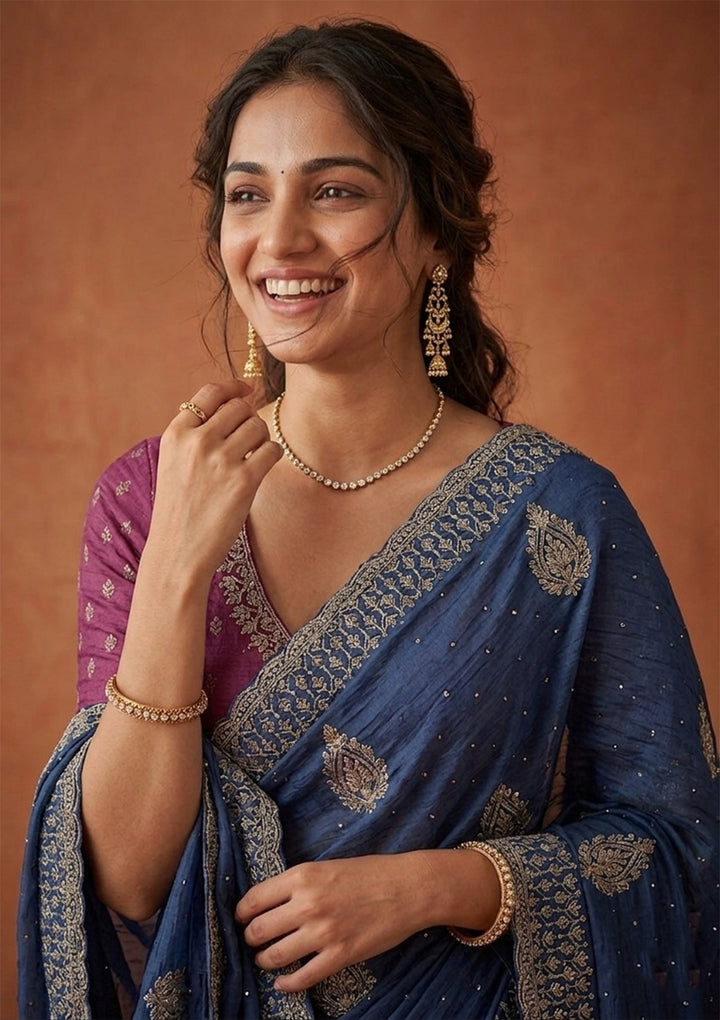 Blue Soft Raw Silk Floral Gold Zariwork Saree With Matching Blouse Piece